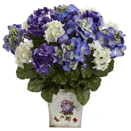 Nearly Natural Mixed Hydrangea With Floral Planter - Blue Purple 1378-BP